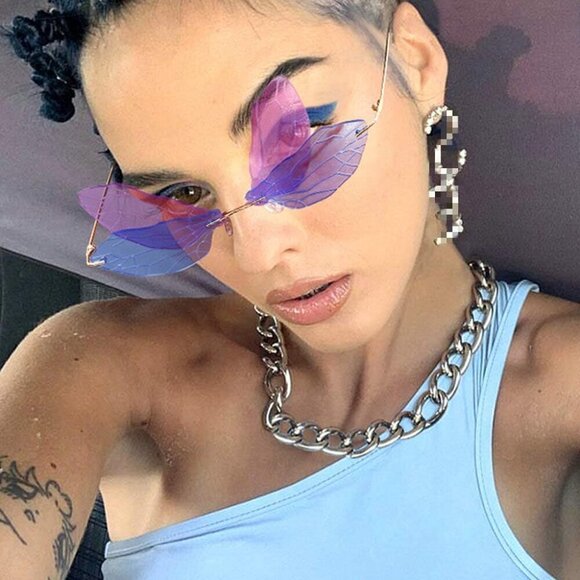 ?Women Pink Dragonfly Wing Shape Frameless Irregular Shades Party Sun Glasses main image 6